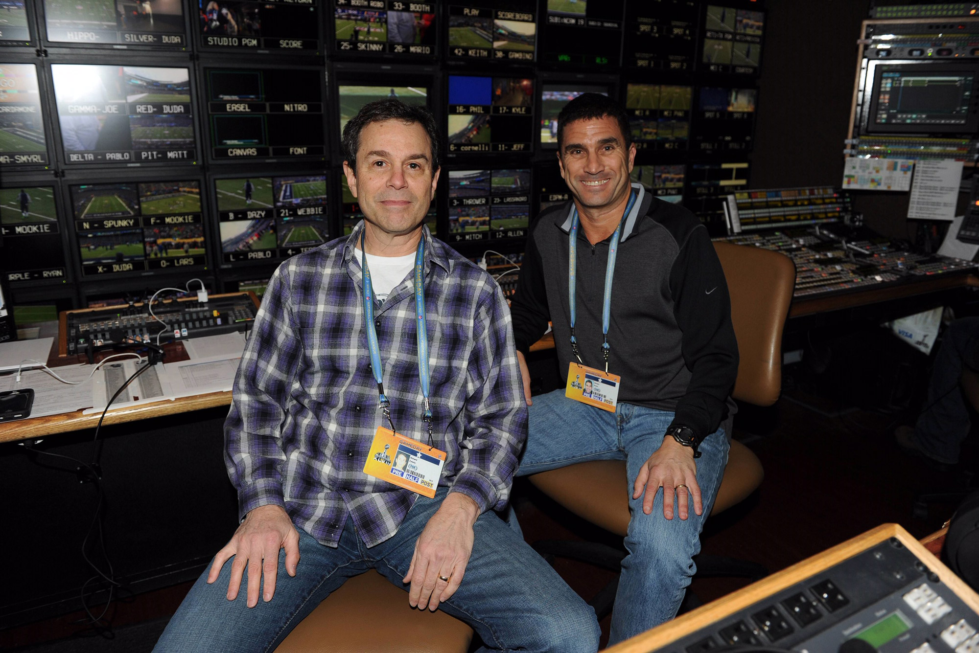 A photo of Richie Zyontz (COM’79) alongside longtime friend and Super Bowl director Rich Russo.