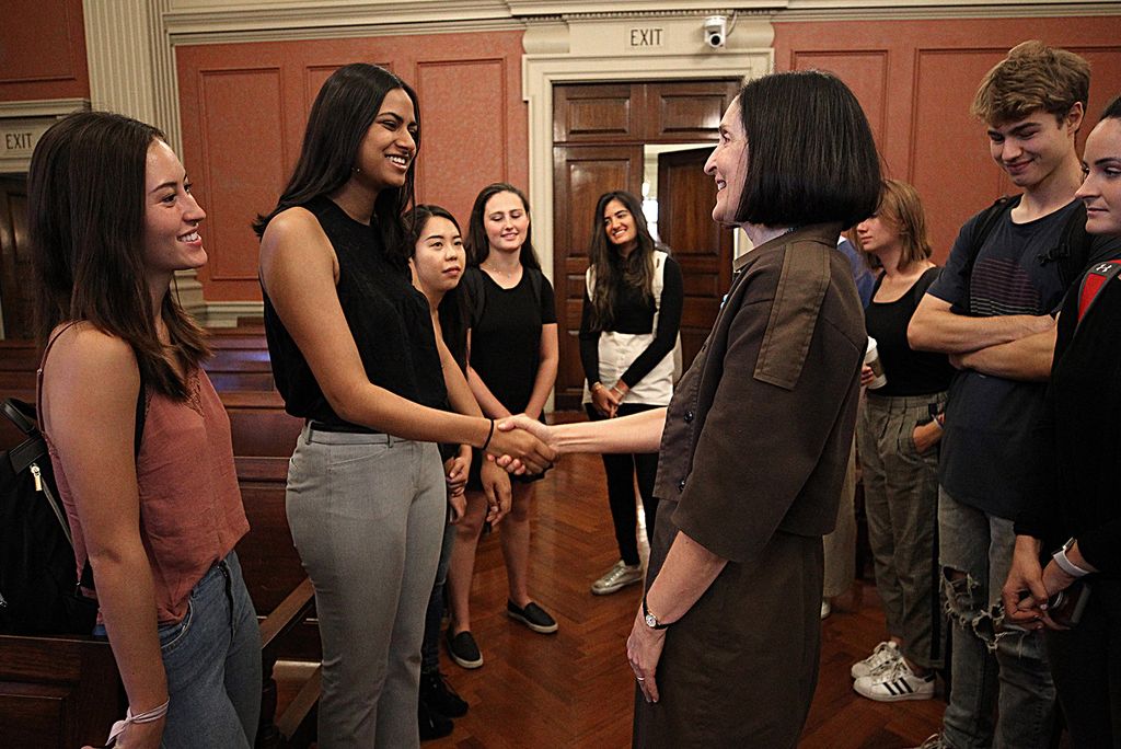 A photo of Newton Mayor Ruthanne Fuller meeting with student journalists.