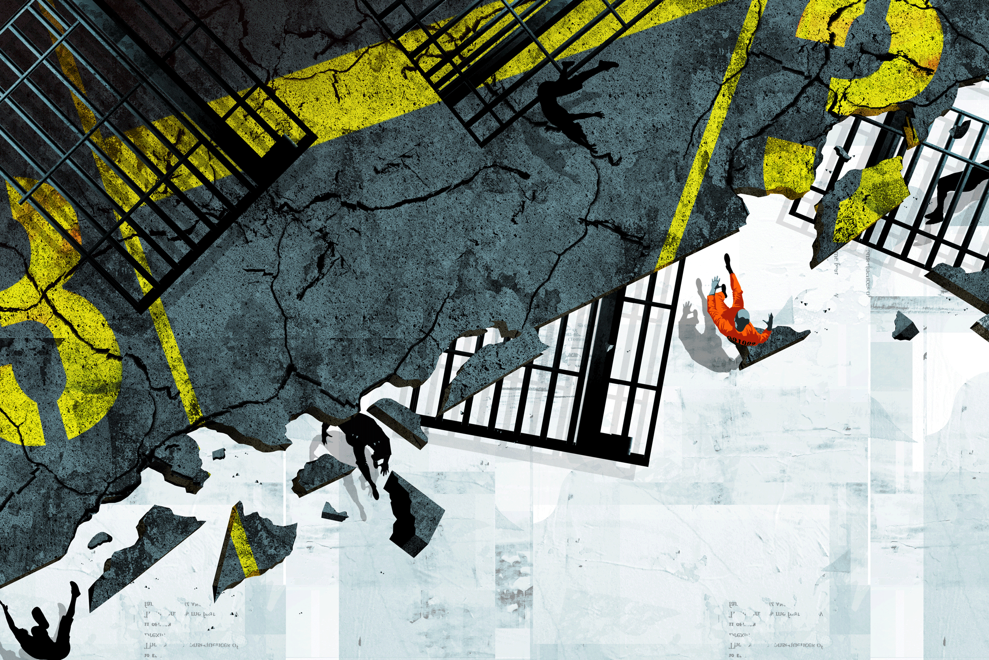 An abstract illustration depicting a broken prison stystem