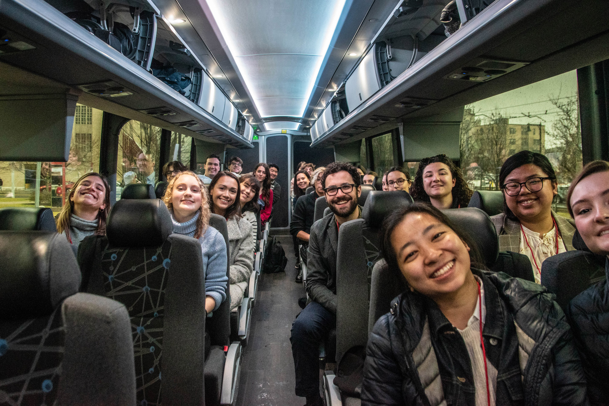 A busload of students from the College of Communication on their way to report on the New Hampshire primary.