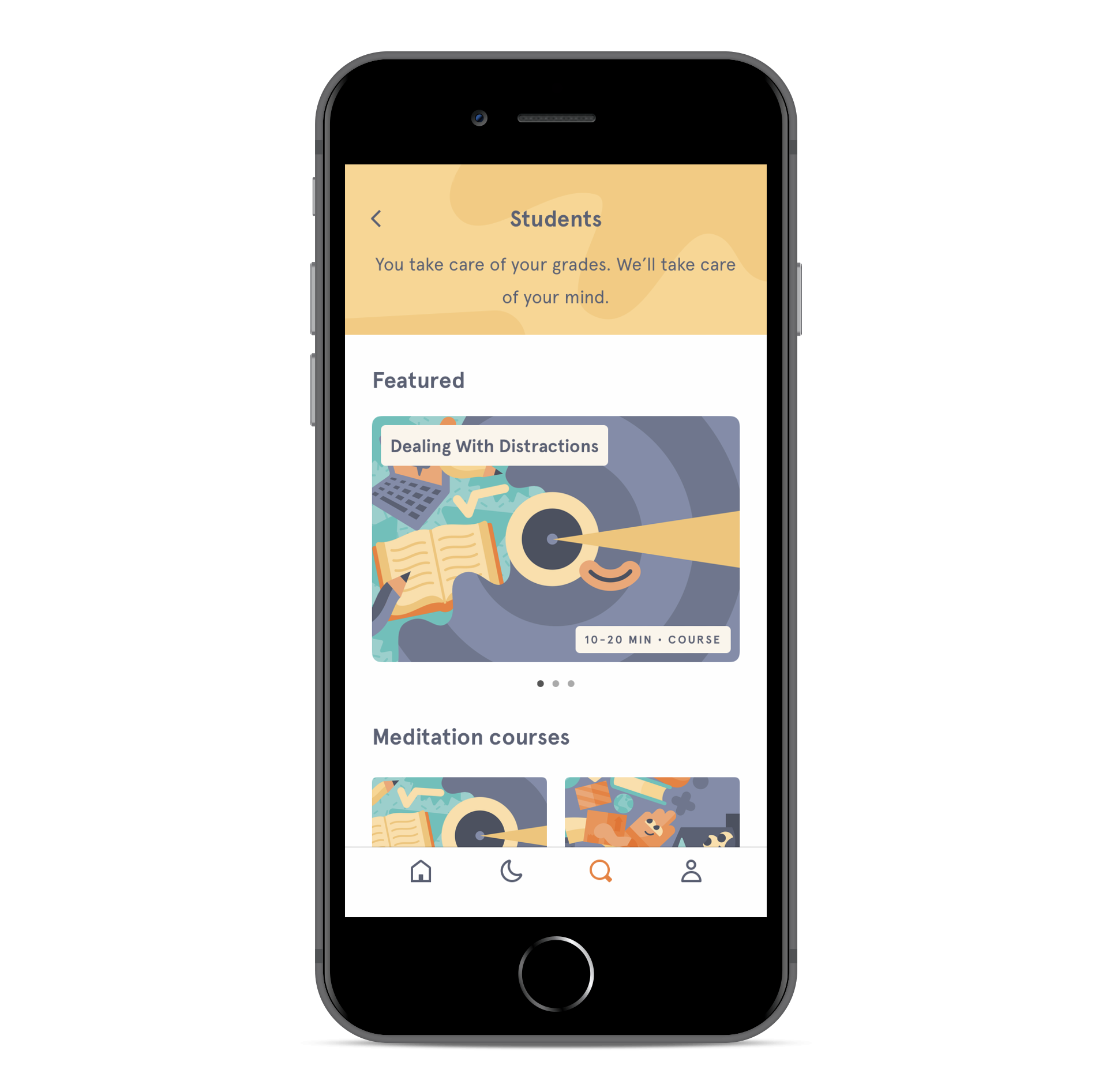 Screenshotsof the Student suggestions area of the Headspace mediatation and relaxaation app.
