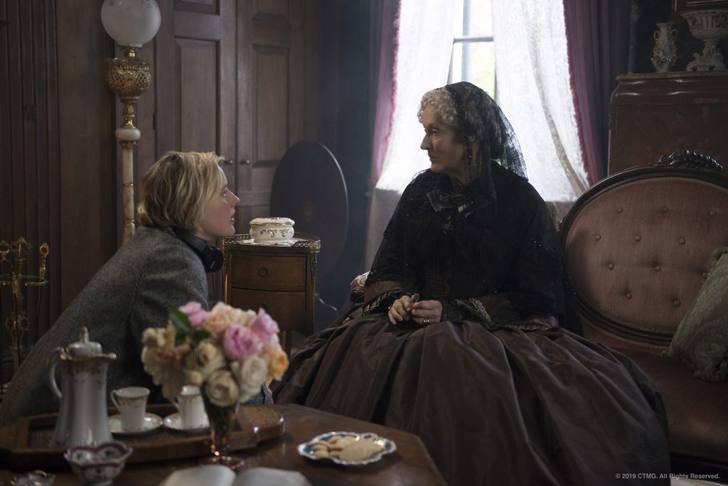 A photo of Greta Gerwig and Meryl Streep from behind the scenes of Little Women.