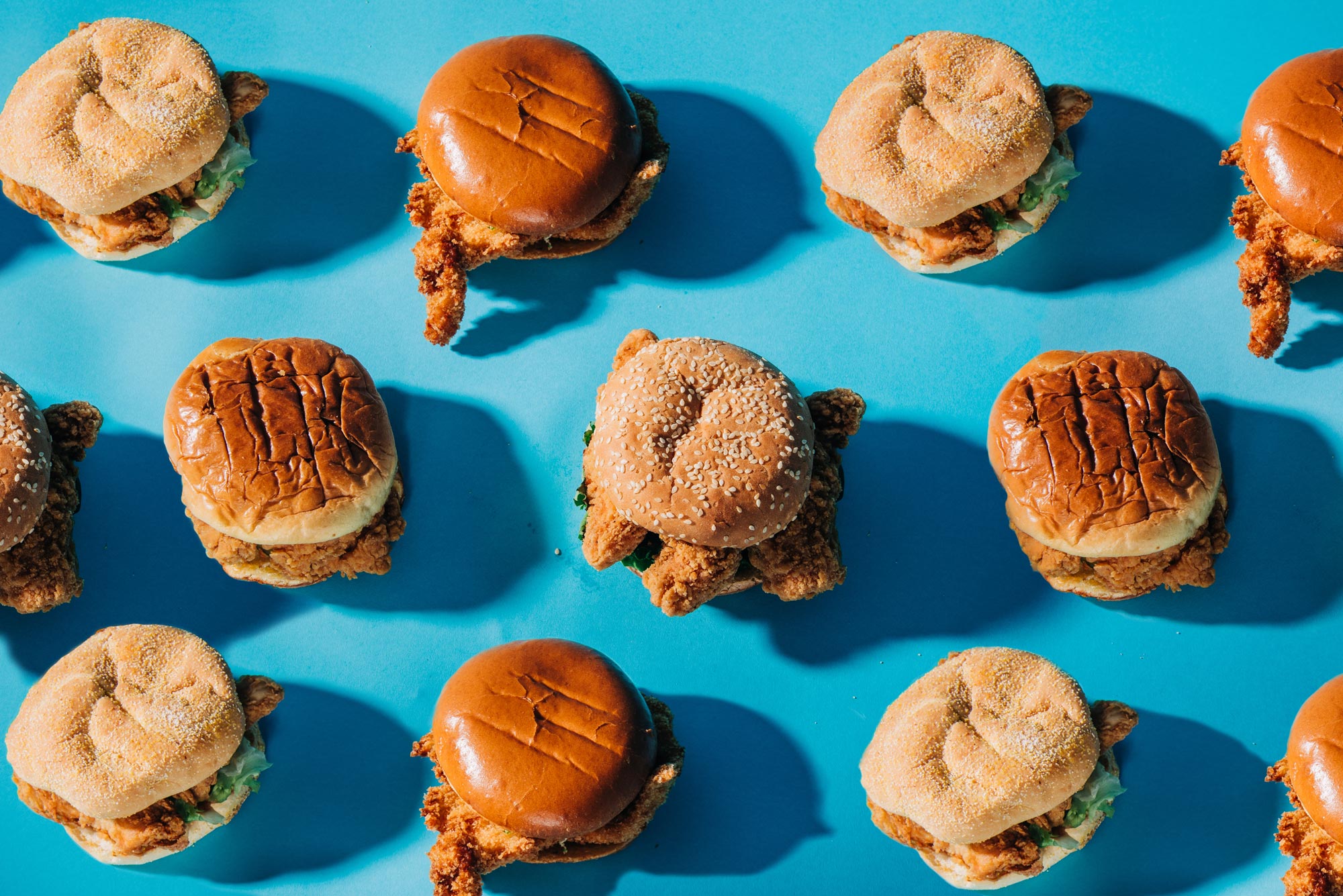 A photo from above of chicken sandwiches
