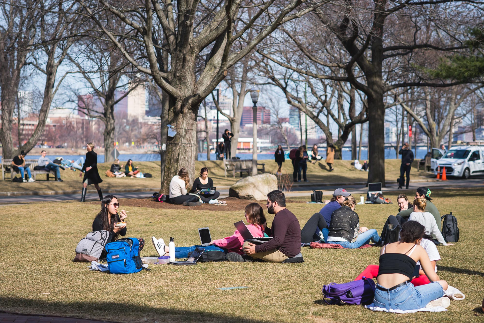 A photo of students enjoying warm weather at the BU Beach