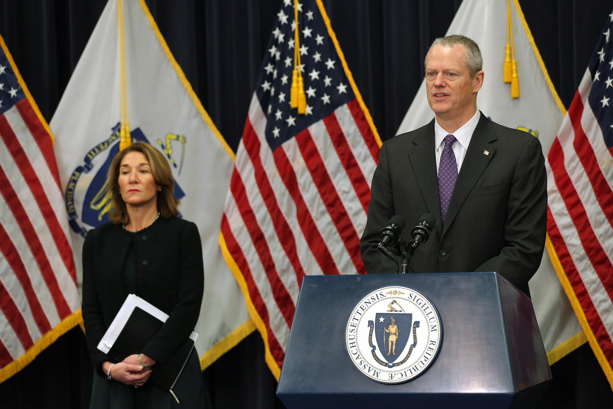 A photo of Massachusetts Gov. Charlie Baker at his March 23, 2020 press conference