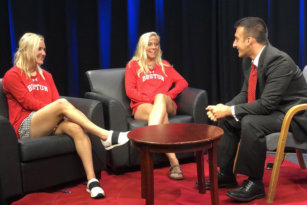 Levinsky interviewing women’s soccer players Kelly Park (Sargent’20) and Chloee Sagmoe (CAS’20).