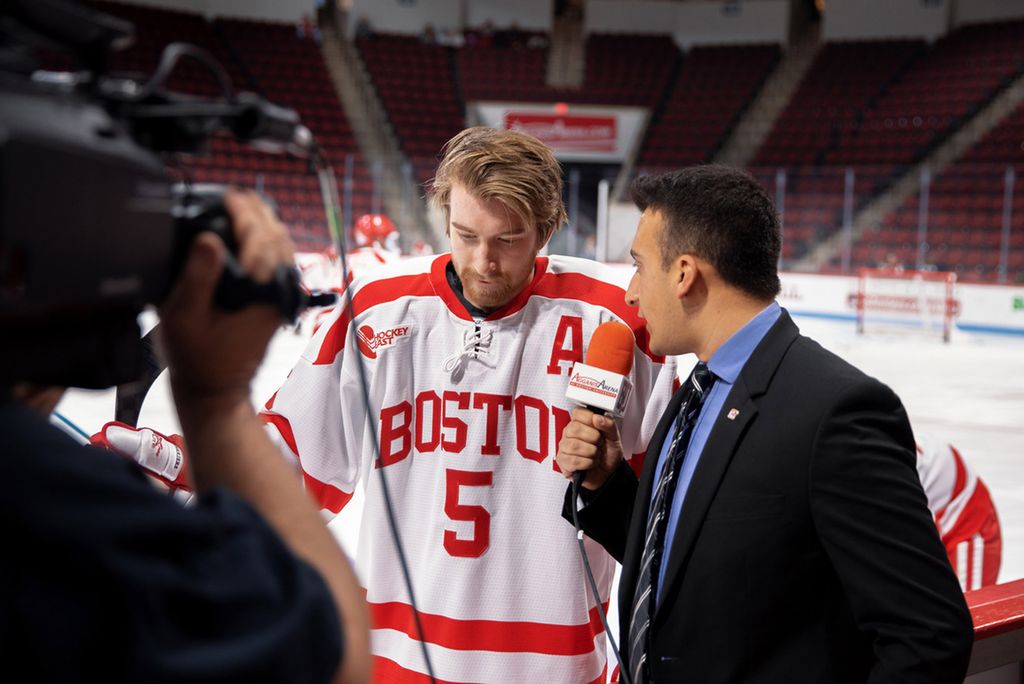 A photo of Levinsky interviewing Cam Crotty (Questrom’21) during the game he spent as the men’s ice hockey rinkside reporter.