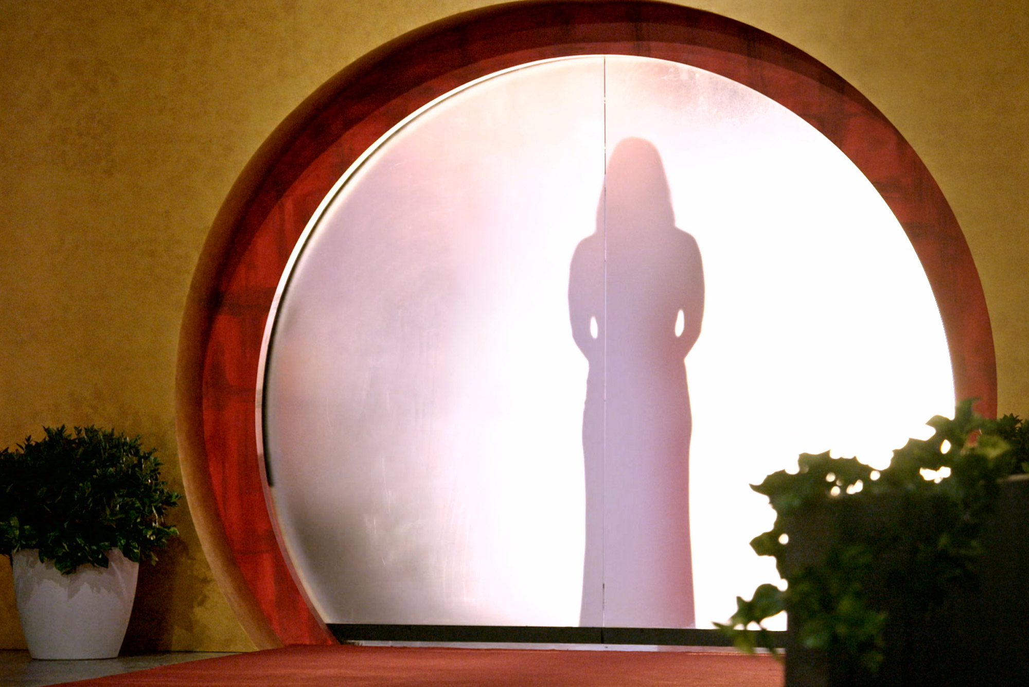 A photo of a silhouette of a woman behind a screen from the show "Love is Blind"