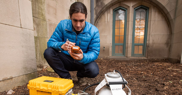 A photo of Wiley Hundertmark (CAS’20) with his research equipment