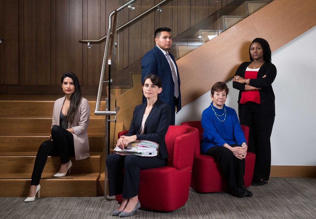 Cristina Hernandez (from left) Professor Sarah Sherman-Stokes, Briana Cardwell, Luis Guerrero, and former MIT professor Elizabeth Leeds. Photo by Cydney Scott