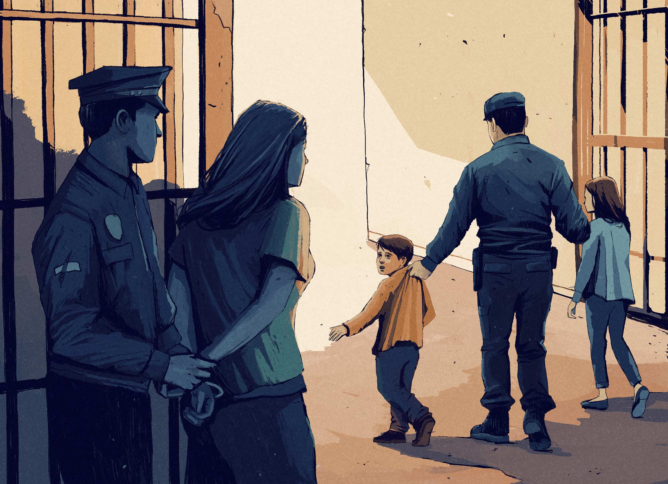 Illustration of a mother being separated from her children at a United States border detention center.