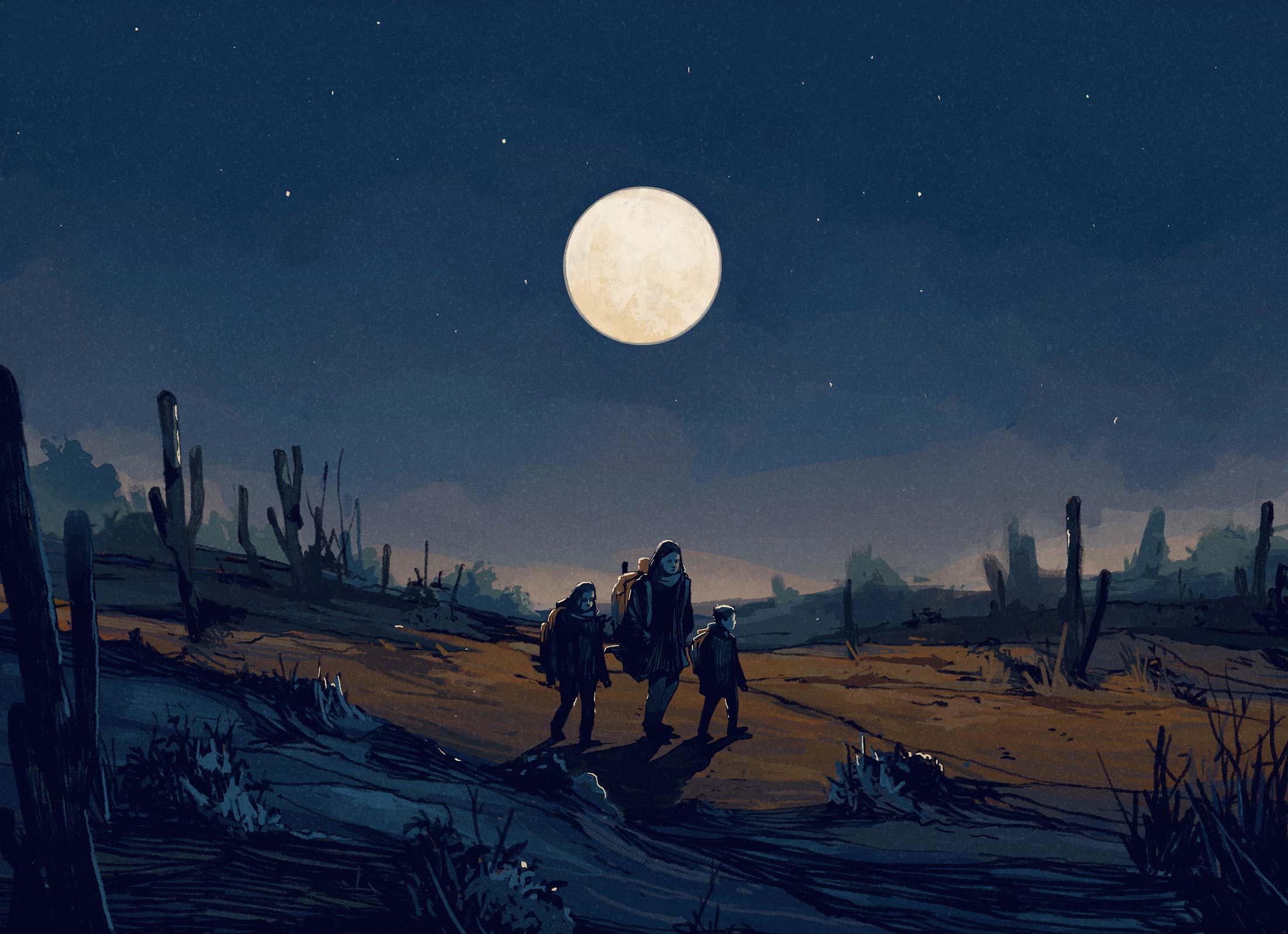 Illustration of immigrant woman seeking asylum walking through the desert with her children.