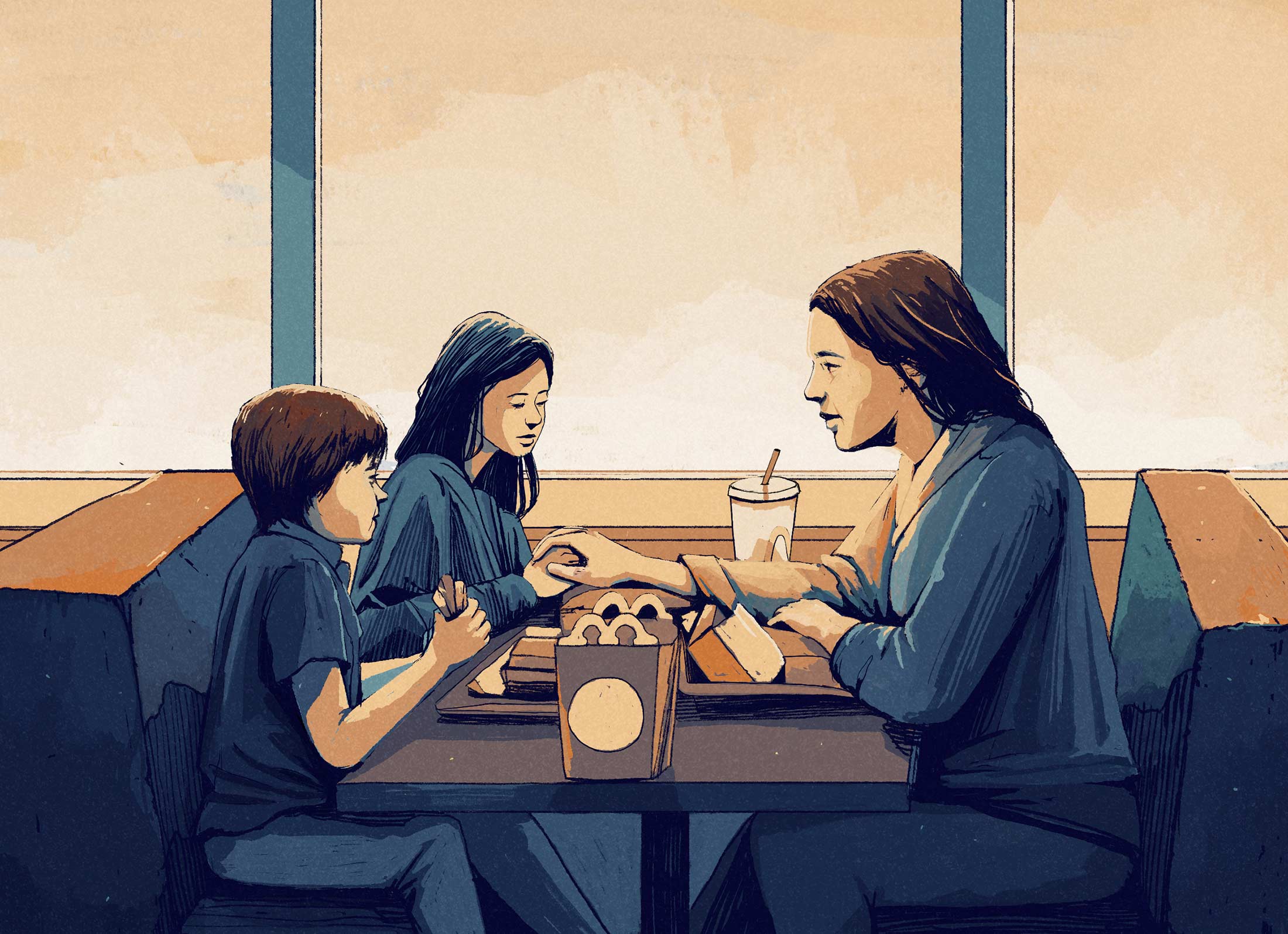 Illustration of a mother having a meal with her children at a fast food restaurant.