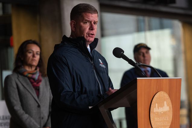 Boston Mayor Martin J. Walsh at a press conference in front of city hall on Sunday March 29, 2020 where he announced 240 beds additional beds for the homeless that can be used as additional capacity to increase social distancing in city shelters or as places for individuals to isolate or self-quarantine.