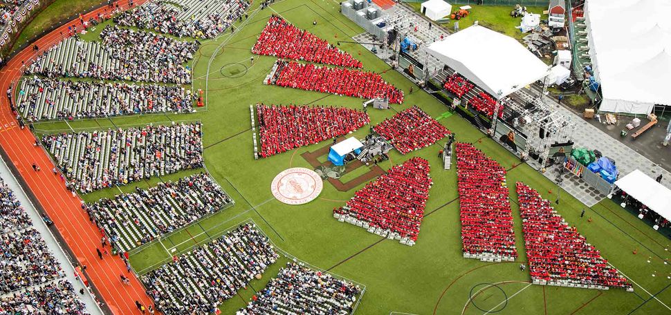 Aerial view of the 2019 Boston University Commencement on Nickerson Field on May 19, 2019.