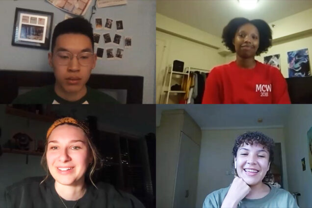 Still of four students, Joshua Pei (CAS’21), Morgan Moscinski (CFA’21), Michelle Njoroge (CAS’20), and Rownyn Curry (CAS’21) on a Zoom call from a video in which the students discuss the new normal, learning remotely.