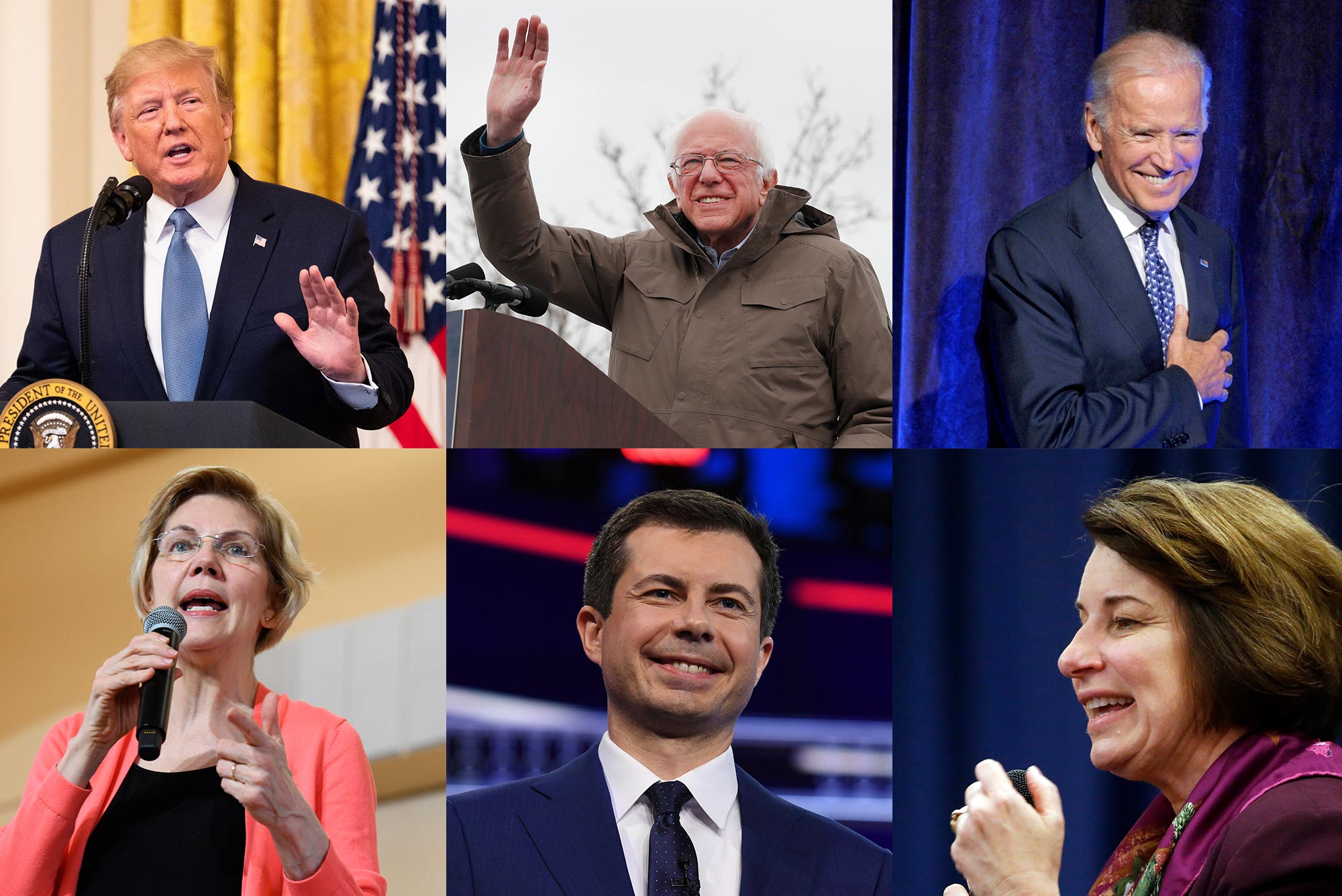 A composite image showing Donald Trump, Elizabeth Warren, Joe Biden, Bernie Sanders, Pete Buttigeg, and Amy Klobuchar