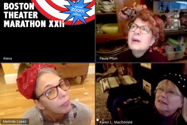 Screenshot of members of the BU-based Boston Playwrights’ Theatre (BPT) performing during a zoom call; in the top left corner is the marathon logo which reads “Boston Theater Marathon XXII, special Zoom edition".