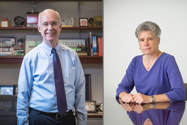 Left, Kenneth Freeman, BU Questrom School of Business dean emeritus and a professor of the practice, has replaced Diane Tucker (right) as BU’s Human Resources chief until a permanent successor is named. Freeman photo by Jackie Ricciardi; Tucker photo by Cydney Scott