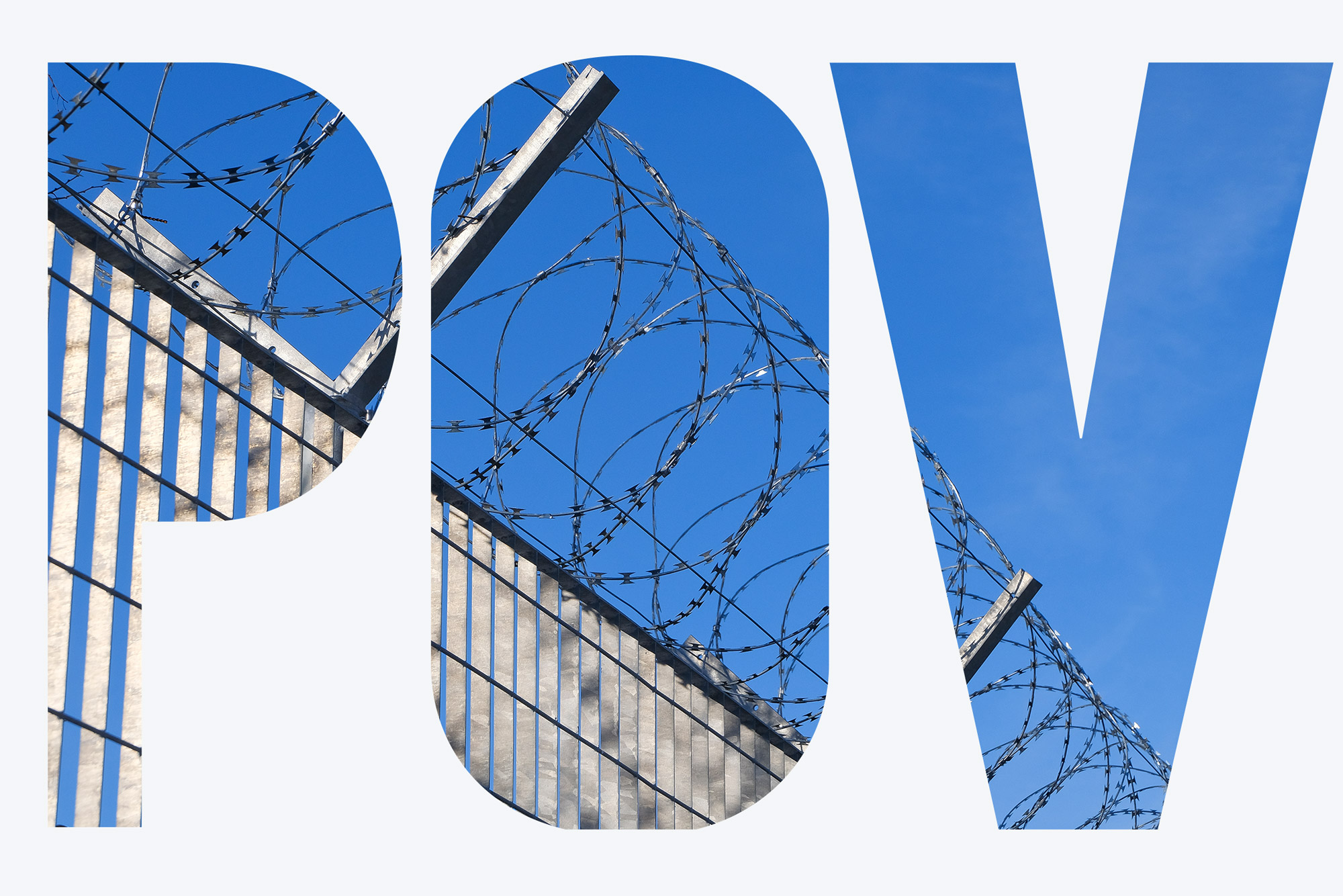 A photo of a fence topped with barbed wire. A white overlay reads "POV."