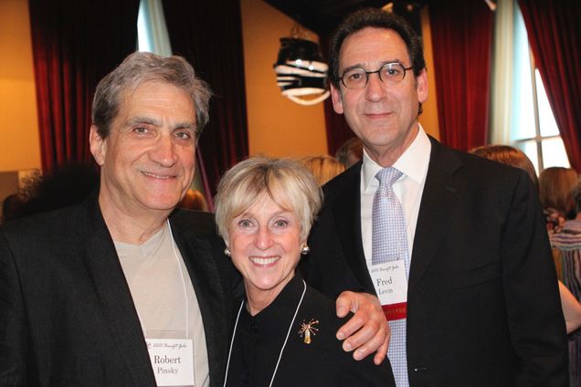 A photo of Nancy Livingston (COM’69) with her husband, Fred Levin, and Robert Pinsky, a College of Arts & Sciences professor of English.