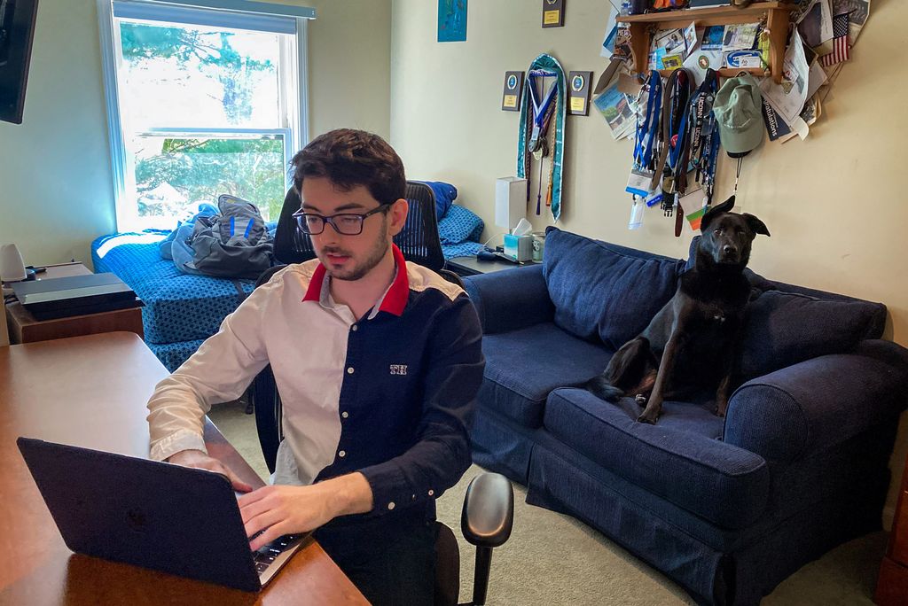 A photo of Tyler Hanna (MED’03), at home, in Southington, Conn., matching volunteers with coronavirus crisis front liners at Boston Medical Center and Boston Healthcare for the Homeless.