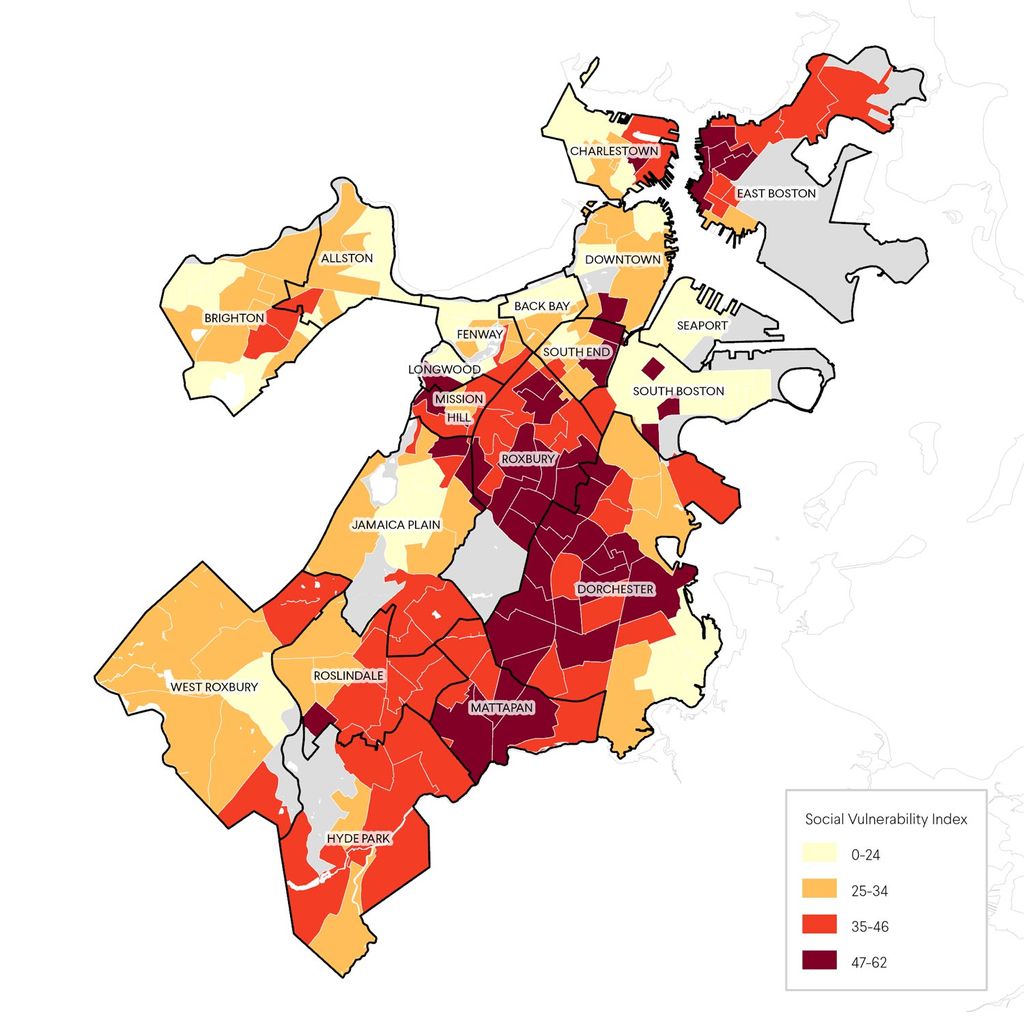 map of Boston neighborhoods with shading to indicate greater risk in Roxbury, Mattapan, Dorchester, and parts of East Boston