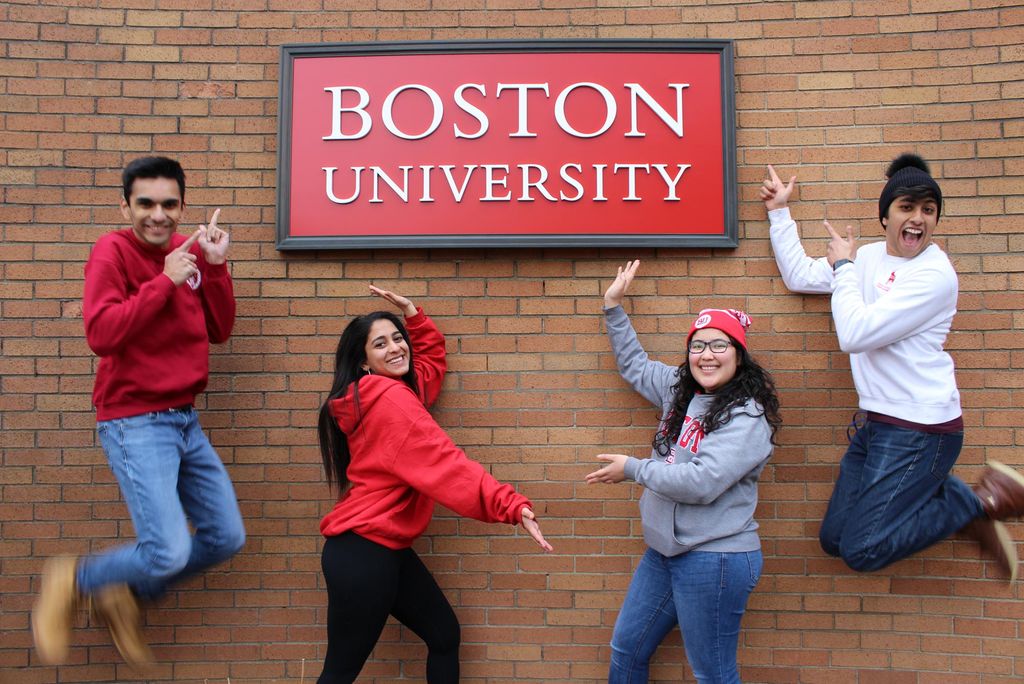 Photo of the students of the ConnectBU slate posing in front of a Boston University sign; the slate includes: President Aditya Jain (ENG’21), Executive VP Soumya Malhotra (CAS’21, Sargent ’21), VP Finance Mariafernanda Hernandez (ENG’21), and VP Internal Affairs Hessann Farooqi (CAS’22).