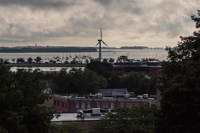 A photo of Dorchester including a wind turbine