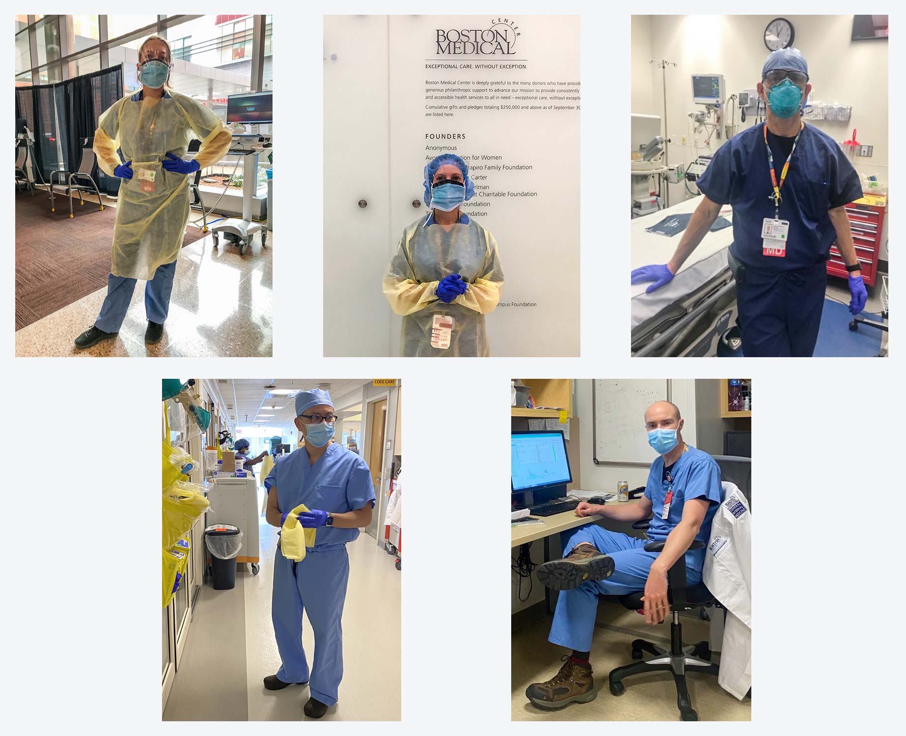 Composite image of photos of Boston Medical Center doctors Kristen Goodell, Evan Berg, Michael Ieong, Sarah Kimball, and James Hudspeth