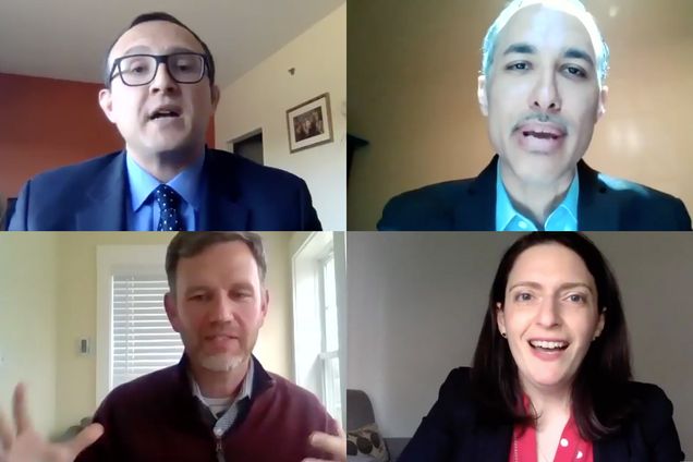 Screenshot from the SPH seminar Politics, Health, and Coronavirus panelists speaking over Zoom on April 2: Eduardo Gomez, Lehigh University College of Health (clockwise from top left); Daniel Dawes, Satcher Health Leadership Institute; Jennifer Grodsky, BU vice president for federal relations; and David Jones, SPHassociate professor of health law, policy, and management.