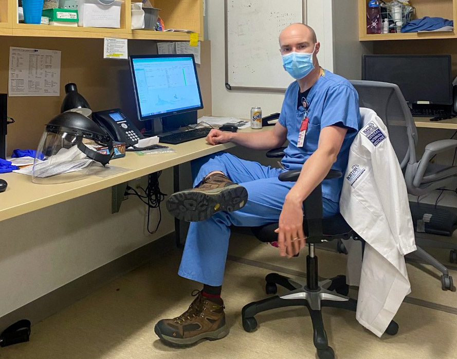 Boston Medical Center doctor James Hudspeth wearing PPE on shift at the hospital