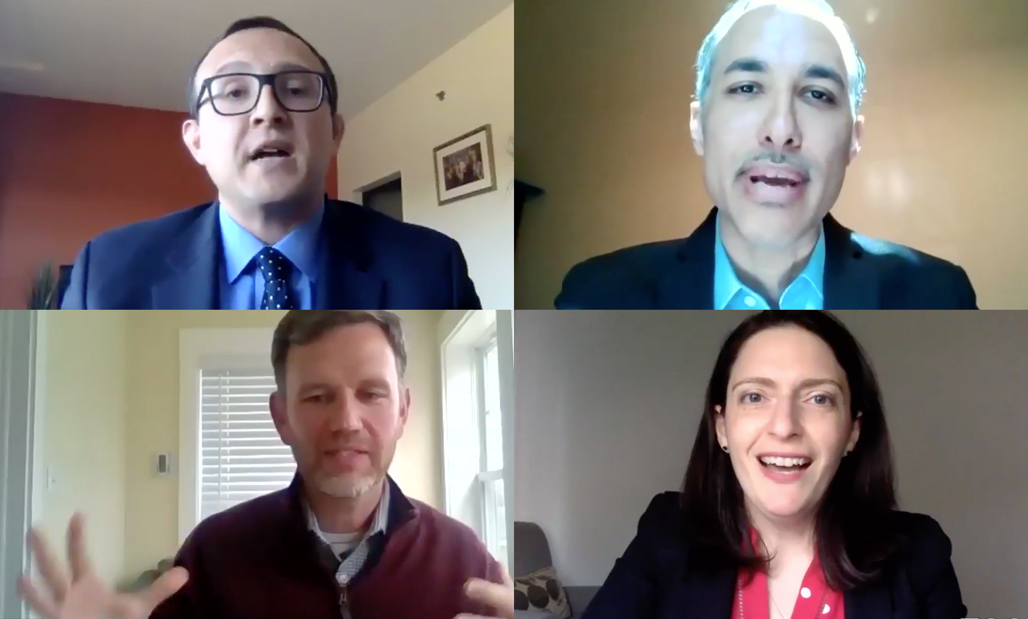 Screenshot from the SPH seminar Politics, Health, and Coronavirus panelists speaking over Zoom on April 2: Eduardo Gomez, Lehigh University College of Health (clockwise from top left); Daniel Dawes, Satcher Health Leadership Institute; Jennifer Grodsky, BU vice president for federal relations; and David Jones, SPHassociate professor of health law, policy, and management.