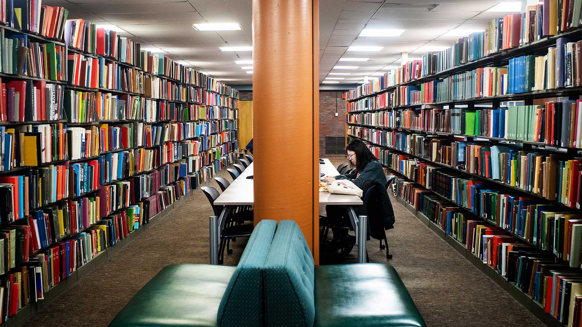 Image of a studtent studying at the Mugar Library during the campus quarantine on March 2020. There is a green couch in the foreground, and colorful bookshelves on either side of the student.