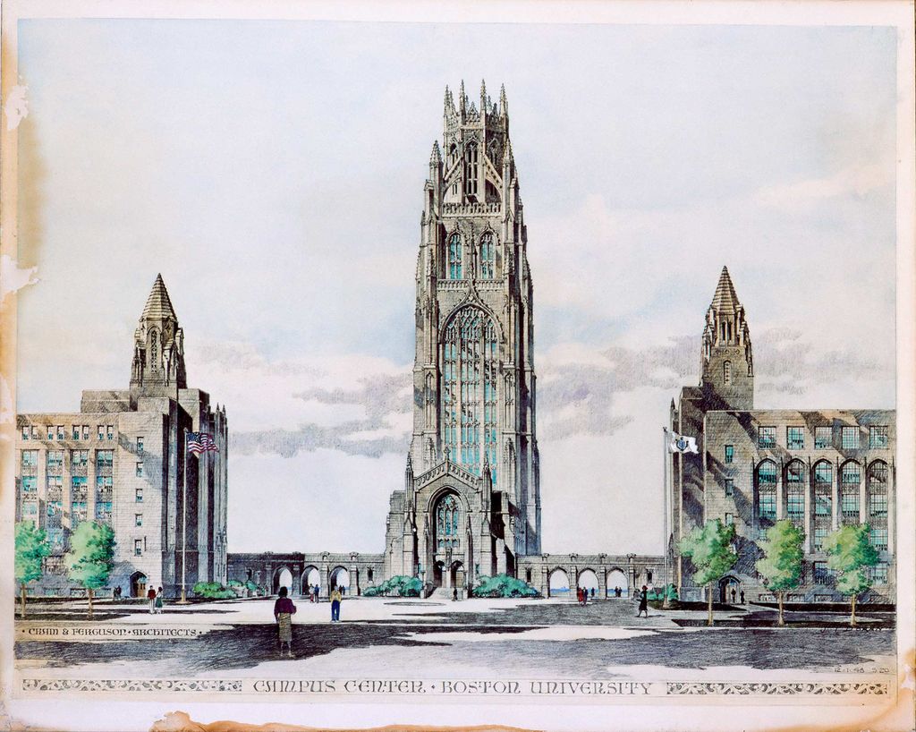 An architectural drawing showing all four buildings BU planned to build: the School of Theology, the College of Liberal Arts, Marsh Chapel, and the never-built 400-foot Alexander Graham Bell Tower behind the chapel. Image courtesy of the School of Theology