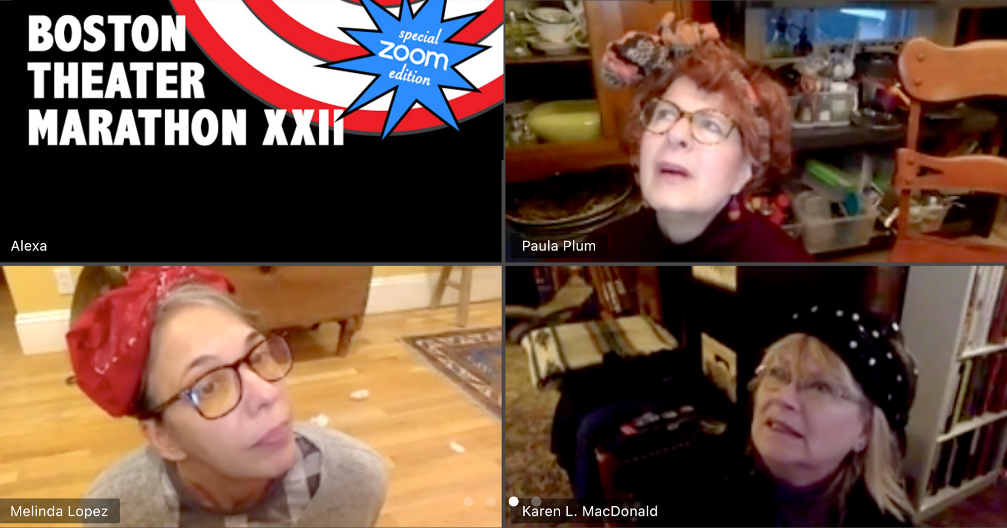 Screenshot of members of the BU-based Boston Playwrights’ Theatre (BPT) performing during a zoom call; in the top left corner is the marathon logo which reads “Boston Theater Marathon XXII, special Zoom edition".