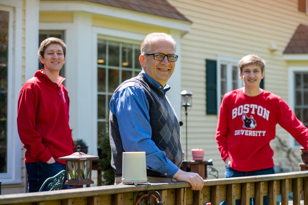 Azer Bestavros Director, Data Science Initiative Associate Provost for Computing and Data Sciences, at his home in Wayland with his sons, John (CAS’23), at right, and Mark (CAS, GRS’19)
