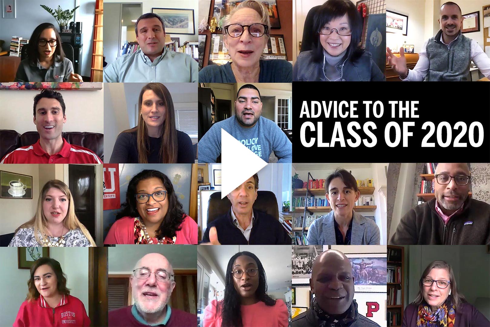 A composite image of BU faculty and staff with text that reads "Advice to the class of 2020"