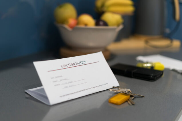 A photo of an eviction notice sitting on a kitchen counter