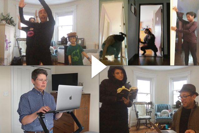 Composite image of stills from videos of BU classes being taught remote. In the bottom left, Maura Smith, a College of Communication master lecturer in film, is seen standing at a standing desk. In the top left and bottom right, Yo-EL Cassell, a College of Fine Arts assistant professor of movement, reads from a computer and demonstrates movements. In the top right, students for Yo-EL's class are seen moving in door frames.