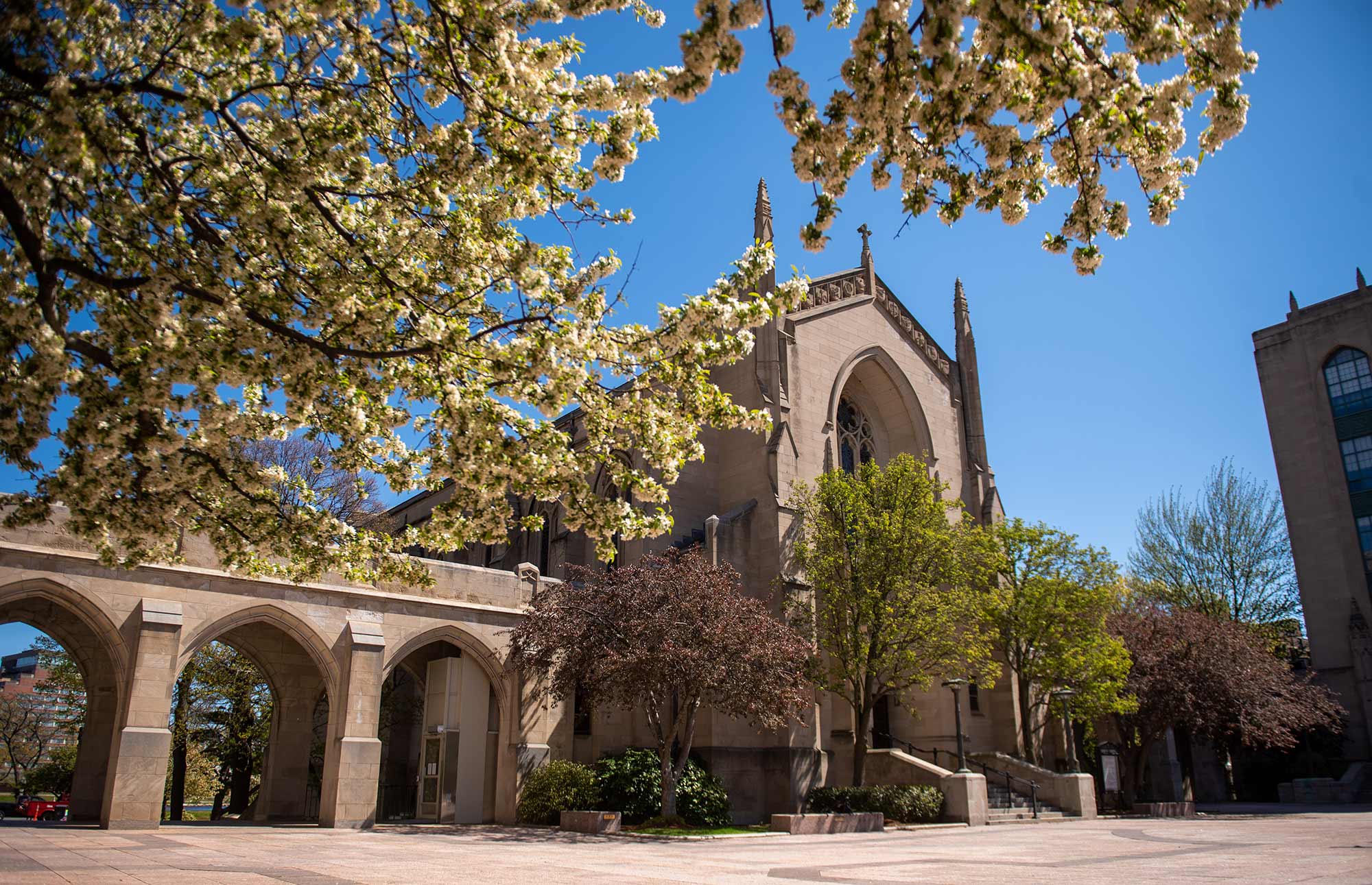 Spring view of Marsh Chapel and Marsh Plaza