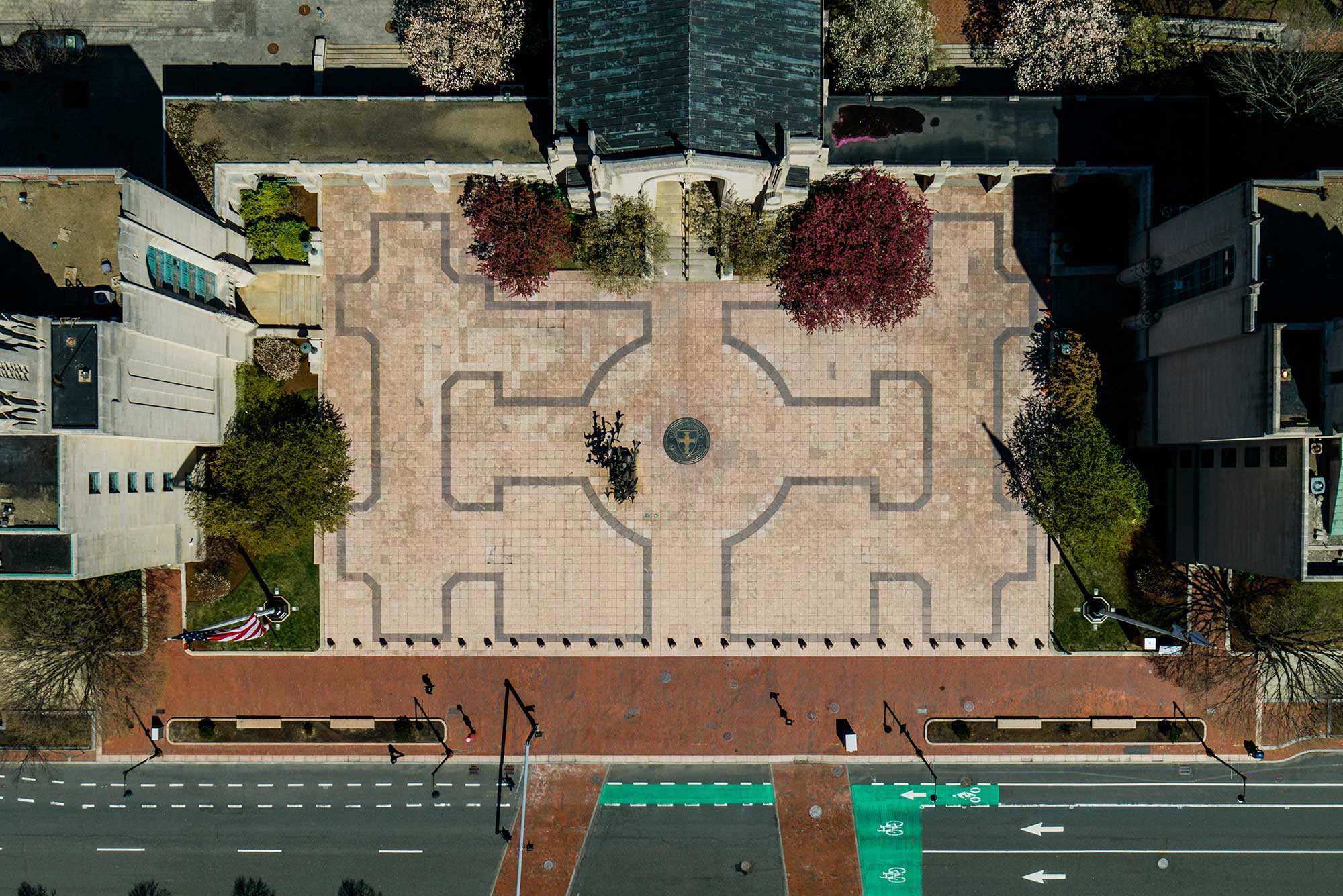 Aerial shot of Marsh Plaza and Comm Ave. Drone footage vividly capturing how BU has been transformed by the COVID-19 pandemic. Video shot by Above Summit, edited by Chris Palmer, BU Productions