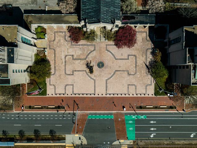 Aerial shot of Marsh Plaza and Comm Ave. Drone footage vividly capturing how BU has been transformed by the COVID-19 pandemic. Video shot by Above Summit, edited by Chris Palmer, BU Productions