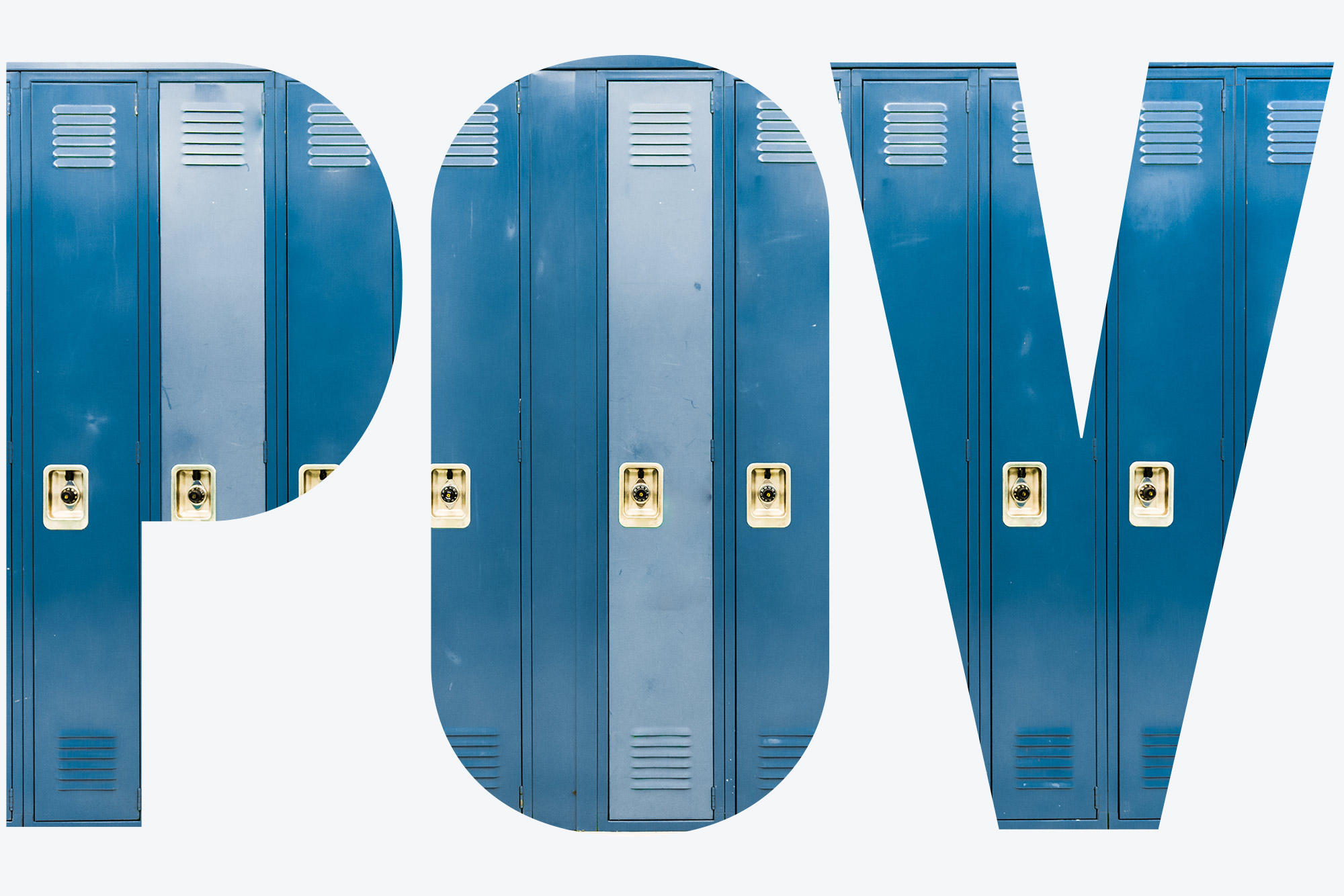 Image of dark blue and light blue lockers with overlay that reads "POV"