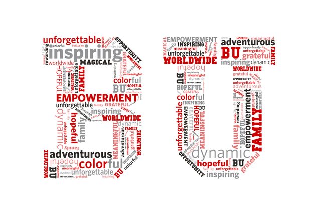 Word splash that forms the letters BU using the words inspiring, adventurous, empowerment, worldwide, magical, hopeful, colorful, dynamic, family, BU, unforgettable, grateful, inspiring, and opportunity in scarlet, light red, black and gray.