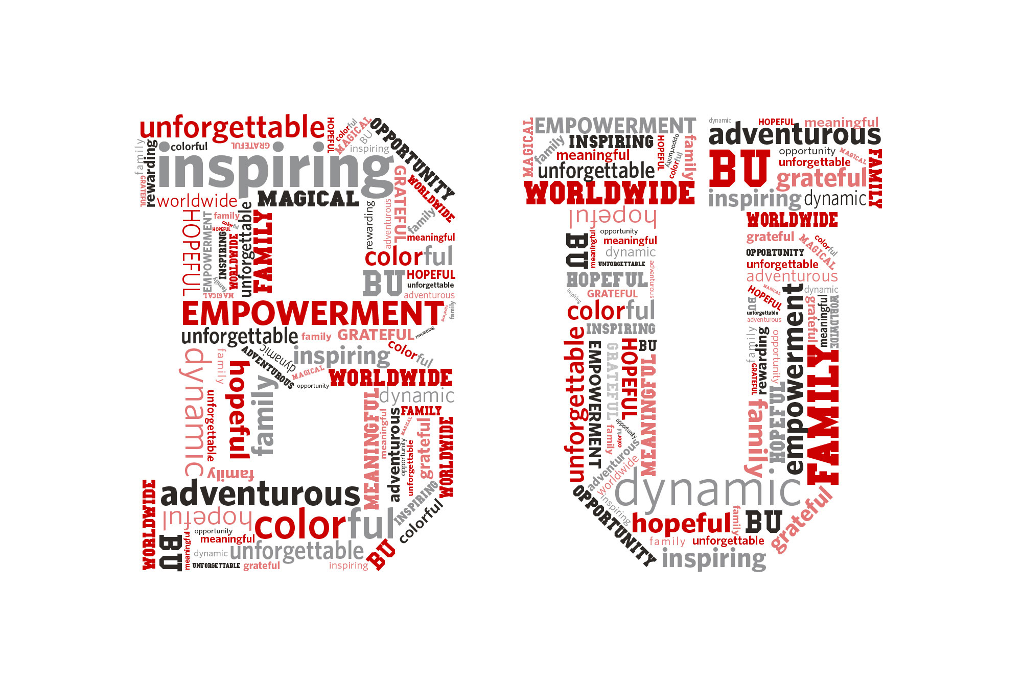 Word splash that forms the letters BU using the words inspiring, adventurous, empowerment, worldwide, magical, hopeful, colorful, dynamic, family, BU, unforgettable, grateful, inspiring, and opportunity in scarlet, light red, black and gray.