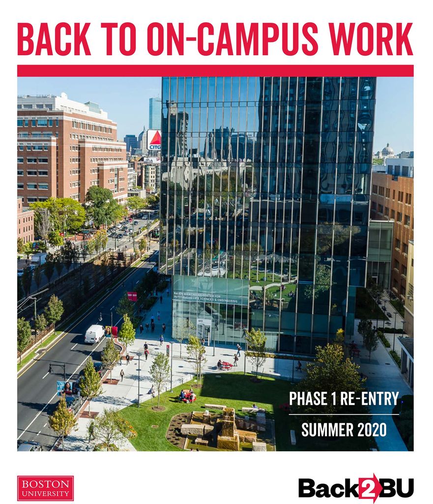 Screenshot of a pdf released by the BU’s Office of the President entitled “Back to On-Campus Work, Phase 1 Re-Entry Summer 2020, Boston Unversity, Back 2 BU.” Image shows science and engineering building with Citgo sign in the background.