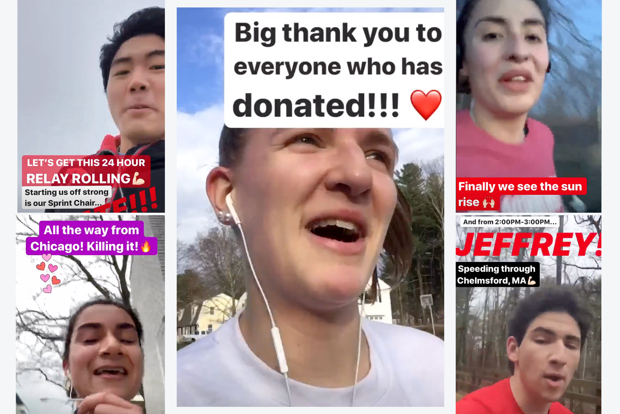 Composite image of members of the BU running club as they did a 24 hr run remotely for a fundraiser. Students took selfie shots as they ran. Top left reads “Let’s get this 24 hours relay rolling (muscle emoji) starting us off strong is our sprint chair,” middle reads “Big thank you to everyone who has donated!!! (heart emoji), top right reads “finally we see the sun rise (hands raised emoji), bottom left reads “all the way from Chicago! Killing it! (fire and heart emojis), and bottom right “And from 2:00pm-3:00pm Jeffrey! Speeding though Chelmsford, MA (muscle emoji)”