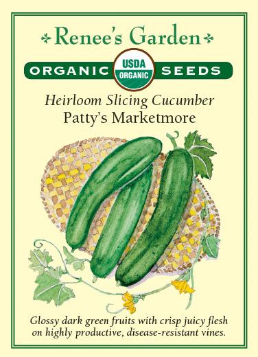 Seed packet artwork for Renee’s Garden Seeds. Packet reads: Organic USDA seeds. Heirloom slicing cucumber, patty’s marketmore. Glossy dark green fruits with crisp juicy flesh on highly productive, disease-resistant vines. Watercolor illustration of three cucumbers on a basket.