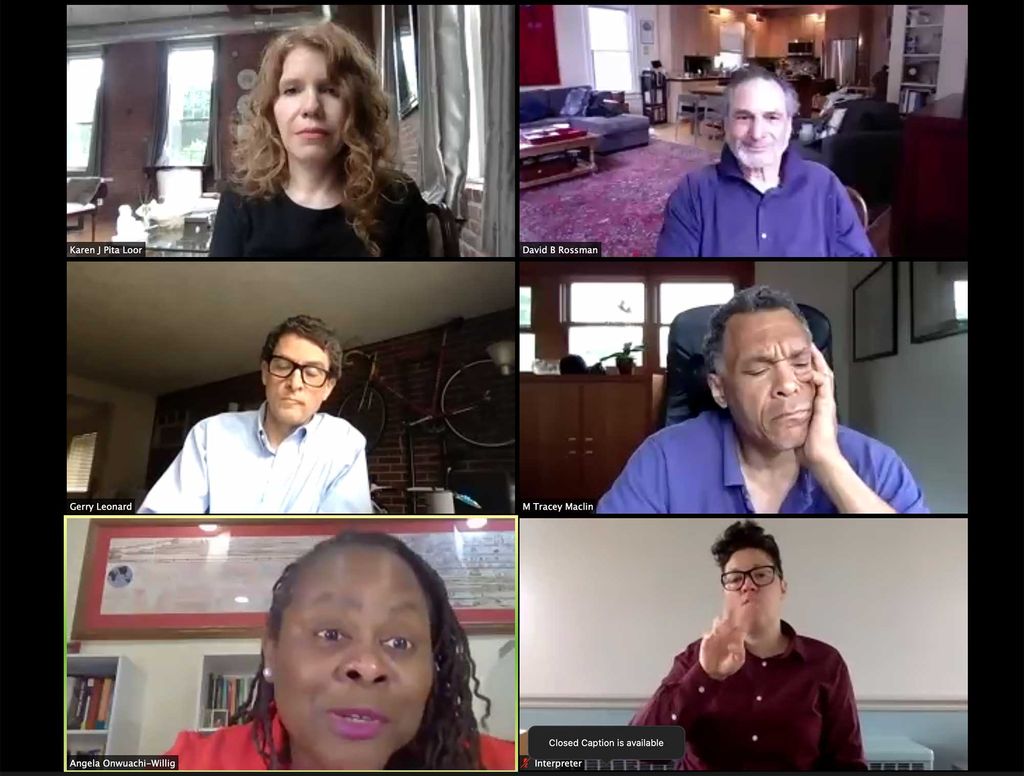 Angela Onwuachi-Willig, Gerald Leonard, Tracy Madsen, Karen Pita Loor, David Rossman, and an ASL interpreter participate in a panel discussion on Racial Violence and the Law: A Sordid History during the Boston University Day of Collective Engagement